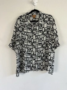 Milano Womens Plus Size 3X Black & White Square Geometric Retro Vintage Blouse - Picture 1 of 11