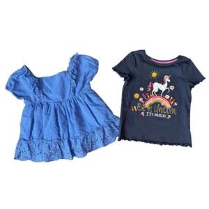 Lot of 2 Girl’s Top Blouses Blue Ruffle Shabby Chic Unicorn T-shirt Sz 6 Cute - Picture 1 of 6