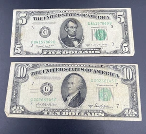 2 Note Set / Lot 1950 $5 & $10 FRN Federal Reserve Notes VG / F Conditions - Picture 1 of 8
