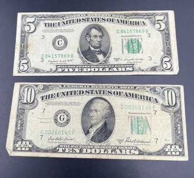 2 Note Set / Lot 1950 $5 & $10 FRN Federal Reserve Notes VG / F Conditions - Image 1 of 4