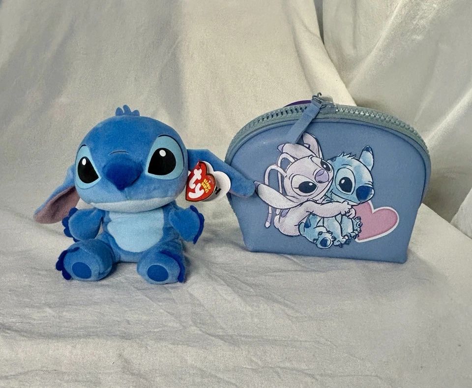 Disney Stitch TY Beanie Boos Peluche + Stitch & Angel Moneda Bolsa Maquillaje Bolsa Set Foto 1 de 4