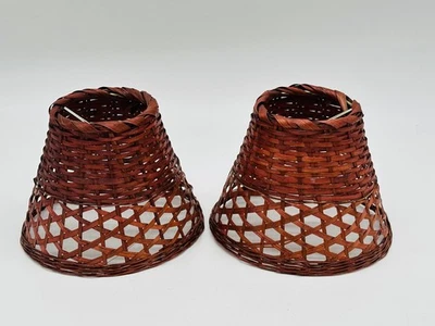 2 Small Brown Wicker Clip On Lamp Shades 4.25" high x 5.75" wide - Image 1 of 4