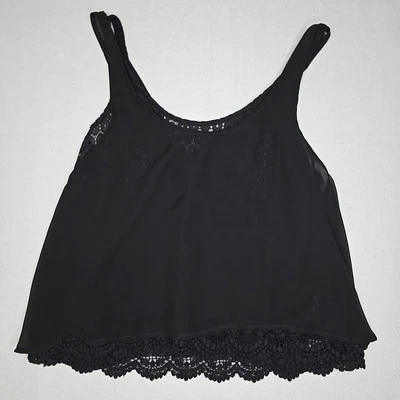 GUESS Womens Large Black Tank Grunge Crop Lines Boho Crochet Gothic Summer USA - Image 1 of 4