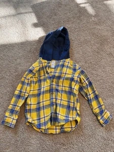 Carter's Boys Yellow Plaid Button Down Long Sleeve Shirt w/Blue Hood - Size 6 - Picture 1 of 3