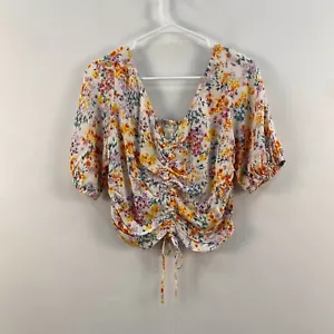 H&M Womens Medium Blouse Shirt Top Viscose Floral White Orange Short Sleeve - Picture 1 of 12