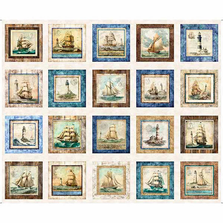 Nautical Lighthouse Ship Sailboat Fabric Ecru Cream Cotton QT 36"X44" Panel - Image 1 of 1