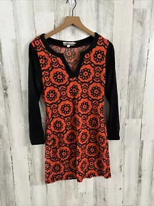 ARYEH Long Sleeve Sweater Dress Black Orange Floral Geometric Knit Size Small - Picture 1 of 10
