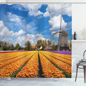 Windmill Shower Curtain Rustic Holland Houses Print for Bathroom - Picture 1 of 8