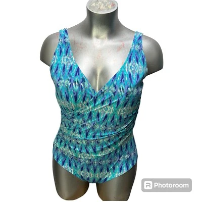 LL Bean Women’s Plus 18 Reg One Piece Swimsuit Slimming Crossover Top Blue Ikat - Image 1 of 4