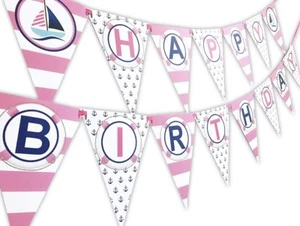 Nautical PINK Happy Birthday Banner Pennant - Sailboat Party Banner - Made in - Picture 1 of 1