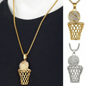 Hip Hop Gold Plated DiamondCut Basketball Net Frame Pendant Chain Cuban Necklace