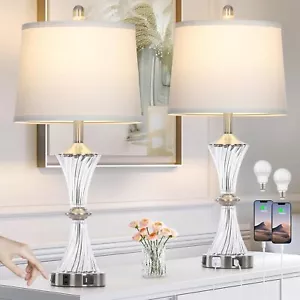 Crystal Glass Table Lamp Set of 2 with USB C+A Ports & AC Outlet, White Clear - Picture 1 of 6