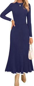 Women'S Long Sleeve Sweater Dress Fall Crewneck Ribbed Knit Pleated A-Line Maxi - Picture 1 of 6