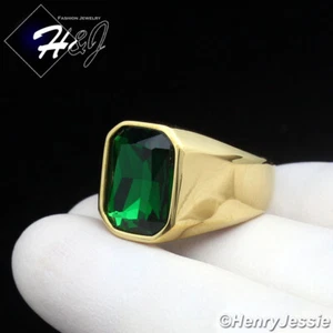 MEN's Stainless Steel Rectangle Green Gemstone Gold Plated Ring Size 7-12*GR151 - Picture 1 of 3