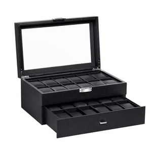 BASTUO 24 Slots Watch Box for Men Luxury Black Watch Box Organizer with Drawer - Picture 1 of 9