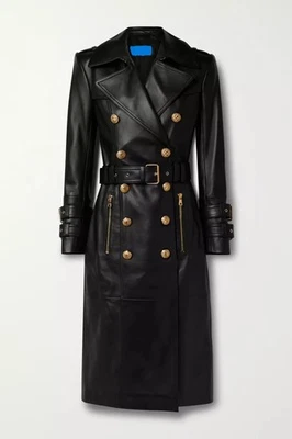 Elegante gabardina negra hecha a mano abrigo formal piel de cordero genuina cuero suave Foto 1 de 4