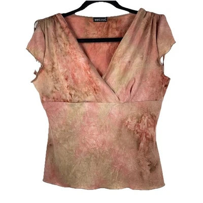 Vintage Y2K Rare Wet Seal Top Size L Pink & Brown Tie Dye Cinch Shoulders Tee - Image 1 of 4
