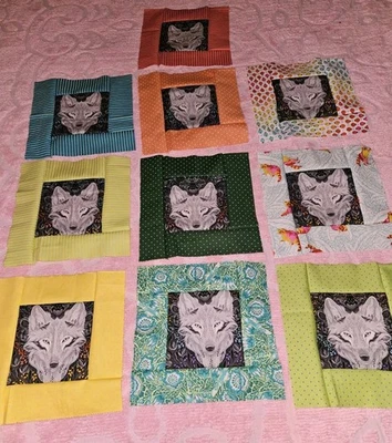 Tula Pink OOAK Lot Of 10 Quilt Blocks 10"Graywork Wolf & Tiny Coordinates Fabric - Image 1 of 4