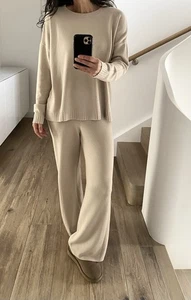 Hose Strick Pullover  Strickhose Beige 2-Teiler 36 38 40 Set Jogpants Wide Leg - Bild 1 von 7