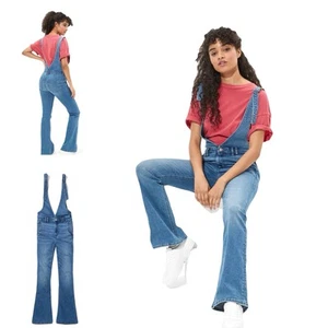 American Eagle Jeans Denim Flare Overalls Super Stretch V Sz 10 Long 31" Inseam - Picture 1 of 11