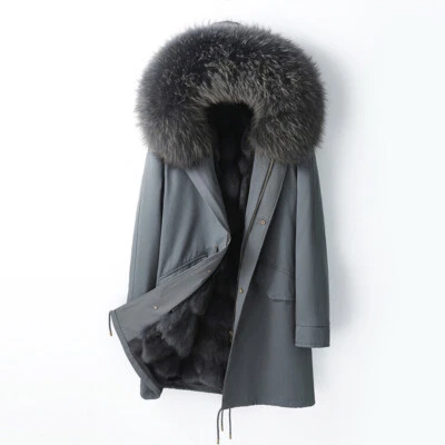 Mujeres Invierno Esponjoso Cuello de Piel de Mapache Parka Forro de Piel de Zorro Abrigos Chaquetas Exterior Foto 1 de 4