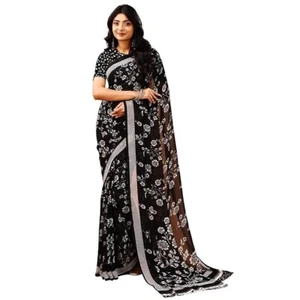 Black Floral Chiffon Printed Saree Party Wear Indian Pakistani Designer Sari - Picture 1 of 6