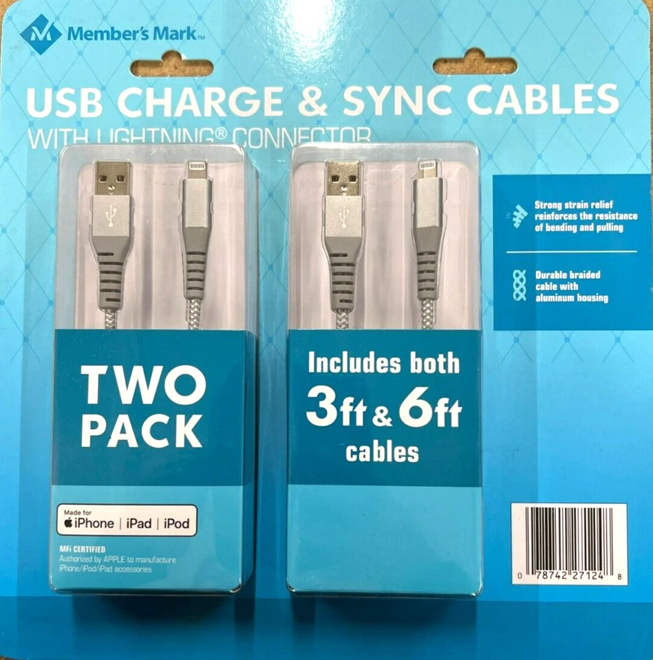Member's Mark USB Type A to 8 Pin 3ft and 6ft Cables - 2 Pack - Image 1 of 1