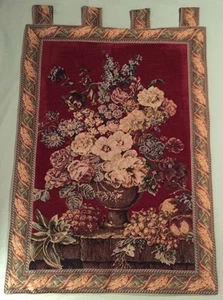 GORGEOUS VINTAGE JACQUARD FLORAL STILL LIFE VASE WALL HANGING TAPESTRY 45" x 30" - Picture 1 of 7