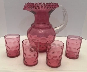Vintage Fenton Cranberry Coin dot Pitcher Set with 4 Tumbler's / glasses ~minty - Picture 1 of 11