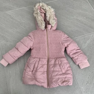Girls Guess Pink Puffer Jacket with Faux Fur Hood Size S (4) - Picture 1 of 5