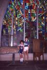 #J25- ww Vintage 35mm Slide Photo- Two Boys-Church- Stain Glass Window -1981