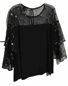 Ashley Stewart Lace Top Bell Sleeves Black Floral Blouse￼ Retro Boho - Picture 1 of 6