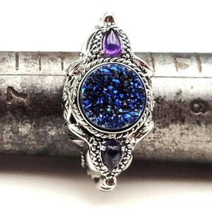 Anello Firmato SAJEN In Argento 925 Con Quarzo Blu Druzy E Ametista Taglia 8 - Foto 1 di 4