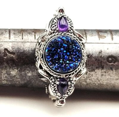 Anello Firmato SAJEN In Argento 925 Con Quarzo Blu Druzy E Ametista Taglia 8 - Immagine 1 di 4