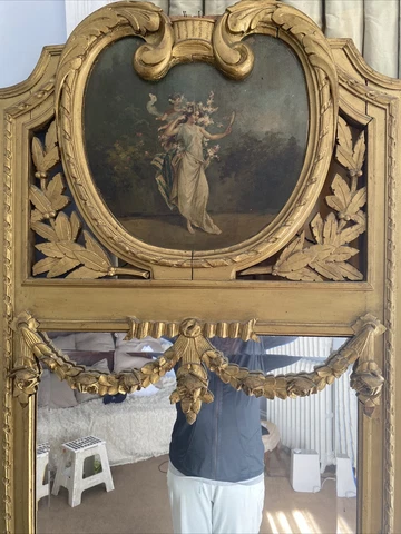 19th Century Large French Louis XVI-style Giltwood Wall Mirror 87x31.5” Gorgeous Cover