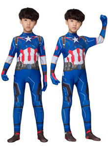 US Kids Captain America Cosplay Costume Boys Girls Spiderman Jumpsuit Bodysuit