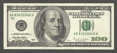 United States of America 100 Dollars 1996; AU++; F-2175B; Franklin; "B" New York - Image 1 of 2