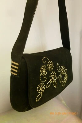 Bolsa de ombro Euc SIGRID OLSEN floral bordada preta couro camurça tiracolo  - Imagem 1 de 4