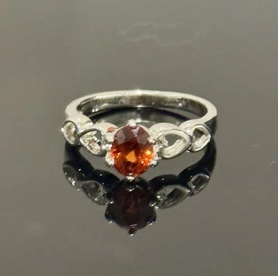 Size 6 Spessartite Garnet Heart Ring Rhodium Plated 6 Prong Solitaire - Image 1 of 4