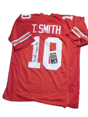 Camiseta estilo universitario roja firmada por Troy Smith, JSA, Heisman 2006 Foto 1 de 2