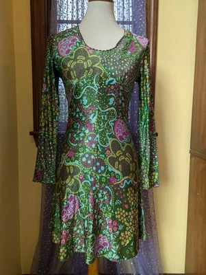 Mini Vestido Vintage Años 70 Gogo Psicodélico Flower Power Verde Rosa Poli Talla XS/S Foto 1 de 4