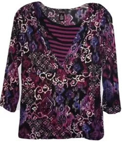 Style & Co Top PM Cute Stretch Knit Layered Striped Tank Neckline Shirt Blouse - Picture 1 of 6