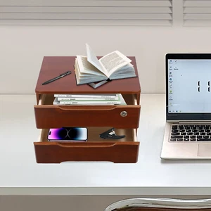 2-Tier Wooden Desktop Storage Box Rectangle Desk Organizer Lockable Storage Case - Picture 1 of 13