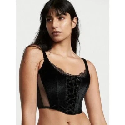 Victoria's Secret Dream Angels Black Velvet Mesh Lace Up Corset Top Goth Y2K  - Image 1 of 4