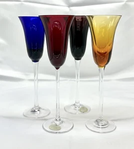 Bohemian Crystal Cordial Wine Glass Set 4 Ruby Red Amethyst Cobalt Blue Yellow - Picture 1 of 6