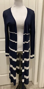 Blue Saks Fifth Avenue Midi Open Cardigan SZ S Navy w/White Stripes  - Picture 1 of 11