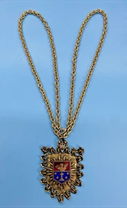 Enamel Red & Blue Heraldic Eagle & Cross Regal Crest Brass Necklace 32" Chain - Picture 1 of 15