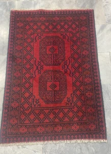 Genuine Afghan Elephant Foot - Hand Knotted Red & Black Wool Area Rug 80x117cm - Picture 1 of 4