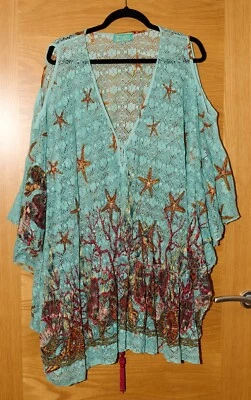 AMTICA SANTORIA/GIACOMO CINQUE OSFA Turquoise Lacy Top Seascape OVERSIZED - Image 1 of 4