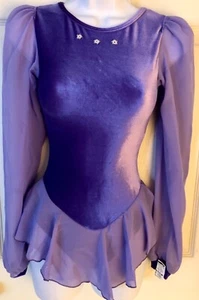 GK ELITE ICE FIGURE SKATE LADIES X-SMALL CHIFFON JA LgS PURPLE VELVET DRESS AXS - Picture 1 of 9